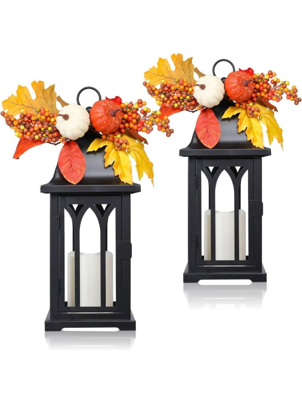 Set of 2 Fall Lanterns with LED Candles & Timer - 15.75 Inch Thanksgiving Decor